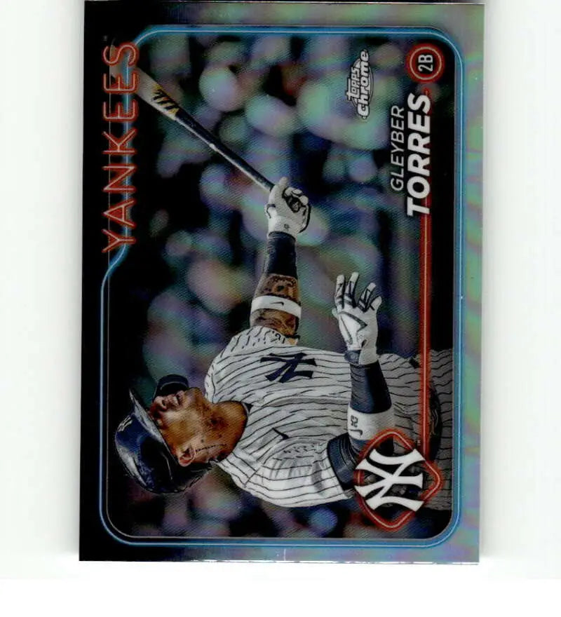 Gleyber Torres swinging bat on 2024 Topps Chrome New York Yankees baseball card