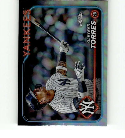 Gleyber Torres swinging bat on New York Yankees baseball card 2024 Topps Chrome Refractor