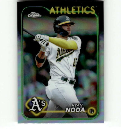 Chrome Refractor baseball card of Oakland Athletics player Ryan Noda at bat