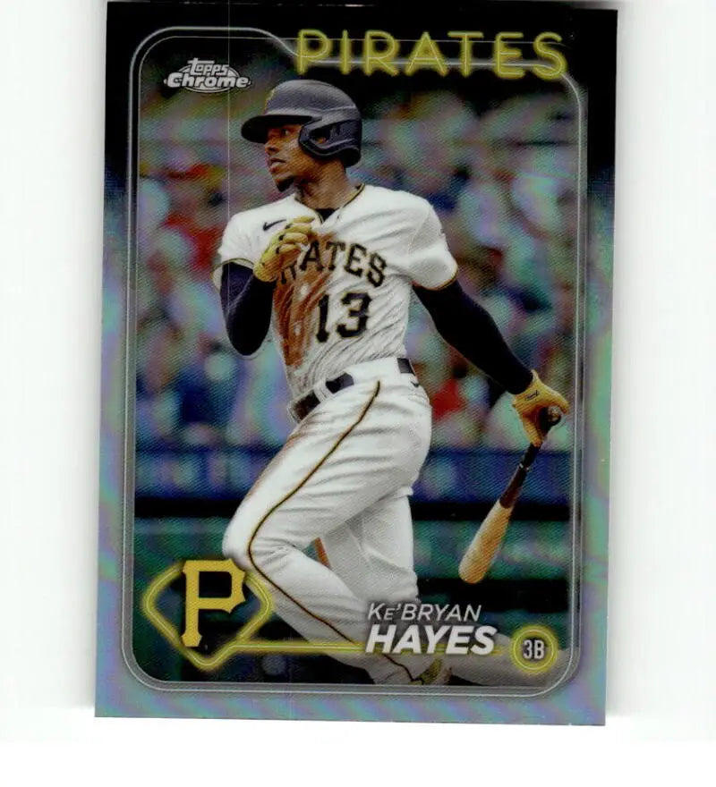 Baseball card of Ke’Bryan Hayes in white Pirates uniform, featuring Topps Chrome Refractor design