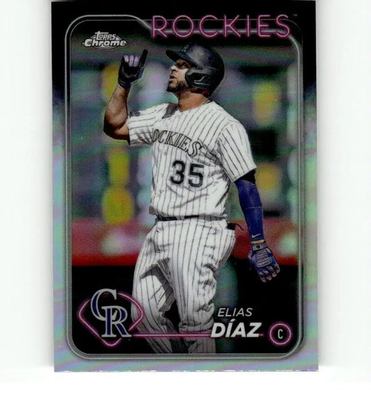 Baseball card of Elias Diaz in pinstripe uniform #35 for Colorado Rockies Topps Chrome Refractor