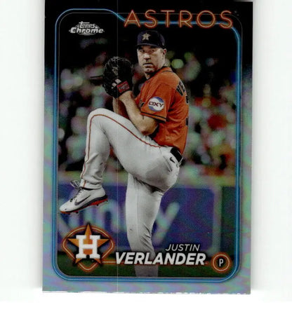 Chrome Refractor Baseball Card of Justin Verlander in Houston Astros Jersey Mid-Delivery