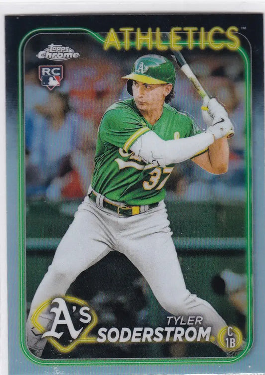 Baseball card of Tyler Soderstrom RC Rookie in green jersey, Topps Chrome Refractor