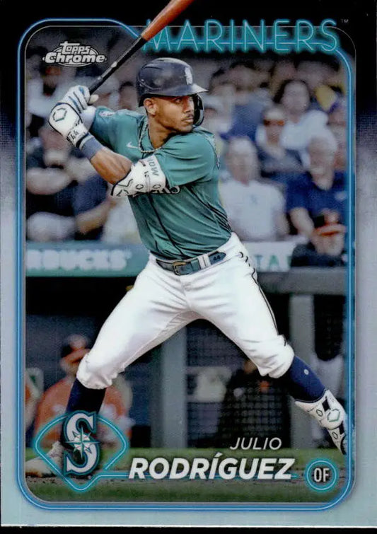 Baseball card of Julio Rodriguez in teal jersey for Seattle Mariners Topps Chrome Refractor