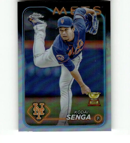 Chrome-finish Topps Chrome baseball card of Kodai Senga throwing for New York Mets