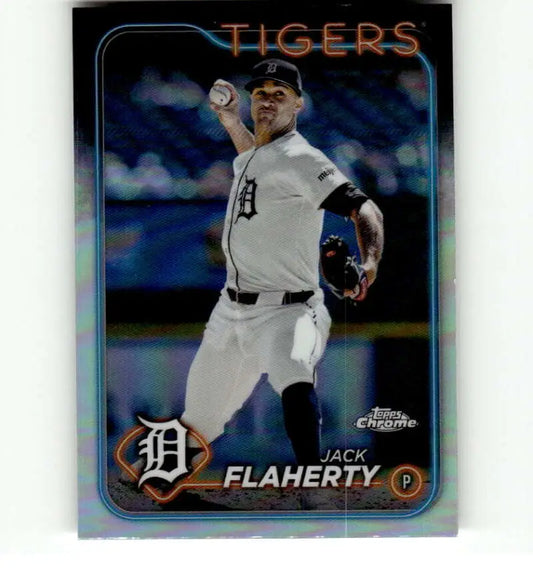 Baseball card of Jack Flaherty mid-throw in white uniform from Topps Chrome Refractor