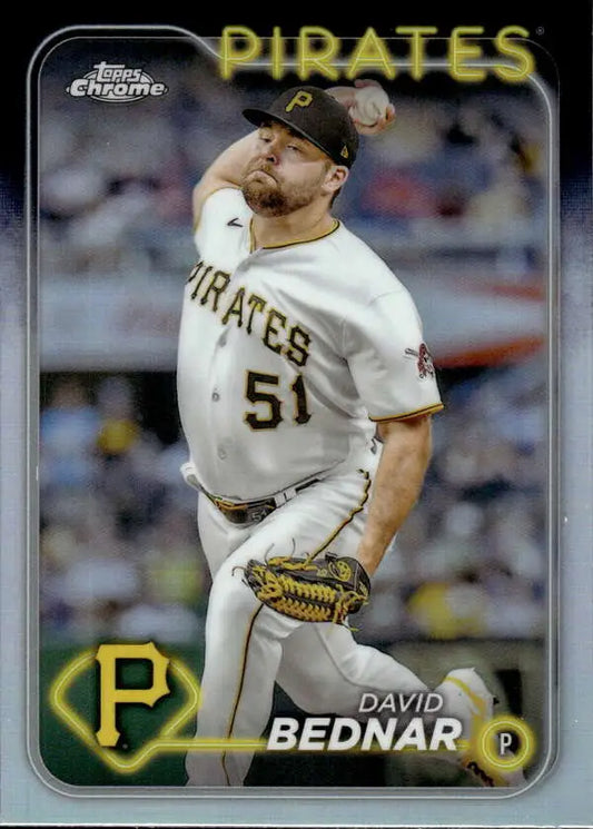 Baseball card of David Bednar in white Pirates uniform from Topps Chrome Refractor