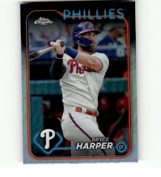 Baseball card featuring Bryce Harper in a white uniform for Topps Chrome Refractor