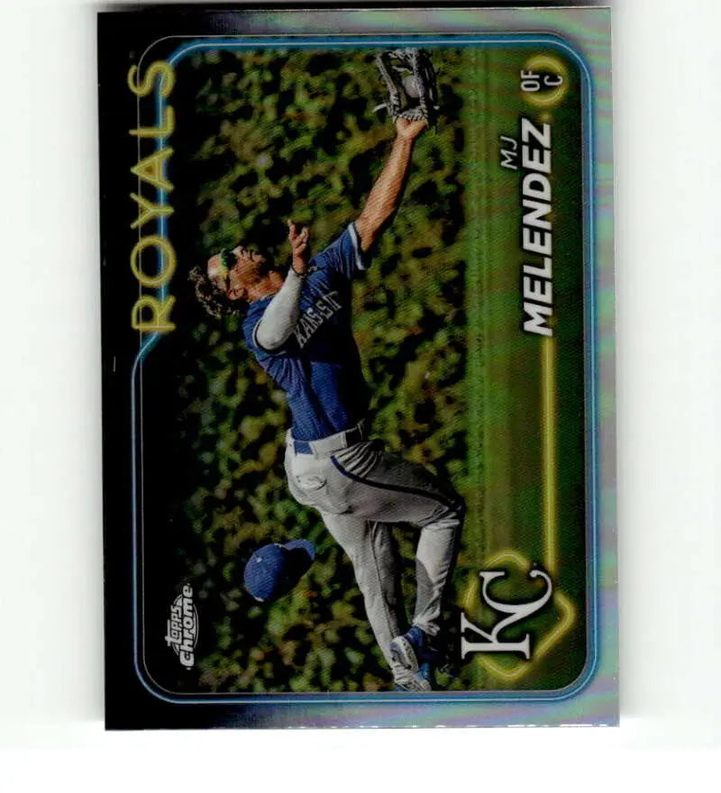 Baseball trading card of Kansas City Royals player MJ Melendez making a leaping catch