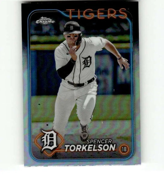 Baseball card of Detroit Tigers player Spencer Torkelson in Topps Chrome Refractor design