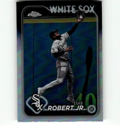 Chrome baseball card of Luis Robert making a leaping catch for the Chicago White Sox