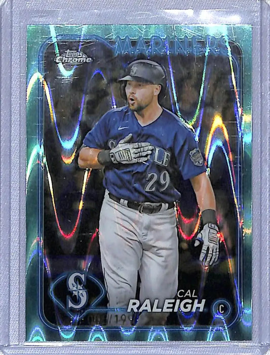 Chrome-finish Seattle Mariners baseball card of Cal Raleigh, Aqua Lava design