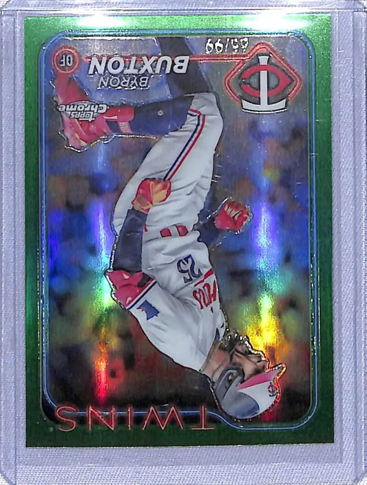 Holographic Topps Chrome Refractor card of Byron Buxton making a leaping catch for Minnesota Twins