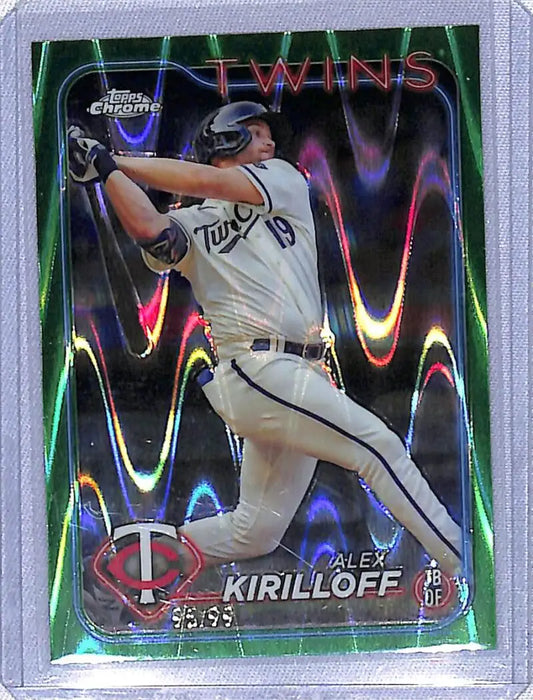 Chrome-finish baseball card of Alex Kirilloff mid-swing in green wave design