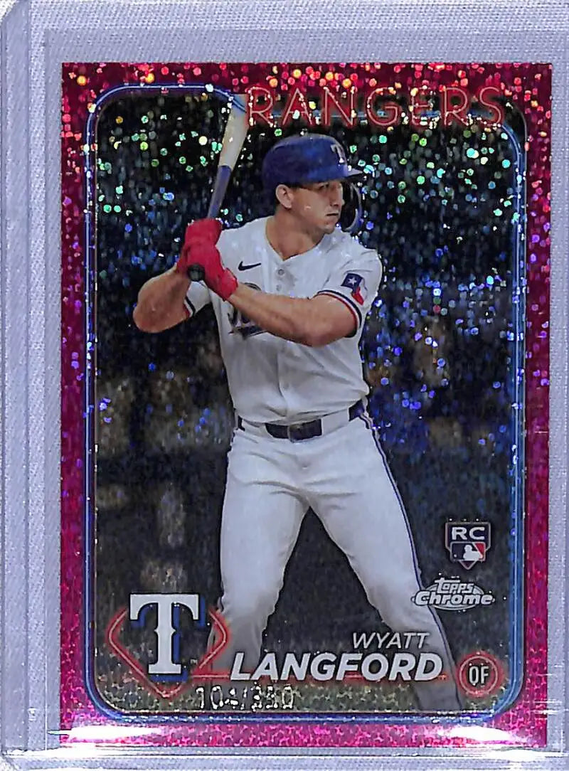 Pink sparkly Topps Chrome Refractor Magenta Speckle #122 Wyatt Langford Texas Rangers Card