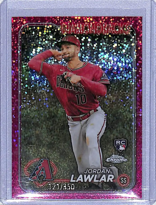 Pink sparkly Topps Chrome Refractor featuring Jordan Lawlar Arizona Diamondbacks card