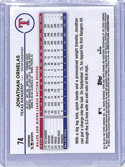 Baseball card of Jonathan Ornelas in protective case, Topps Chrome Refractor Orange Wave