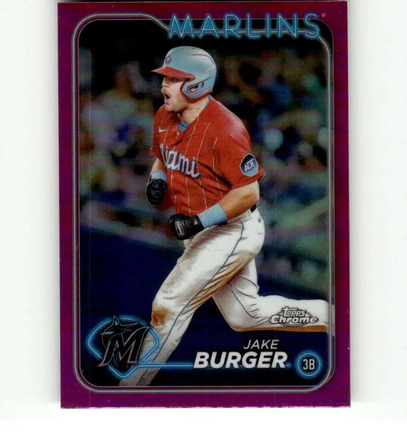 Purple-bordered Refractor Pink Miami Marlins card of Jake Burger running the bases