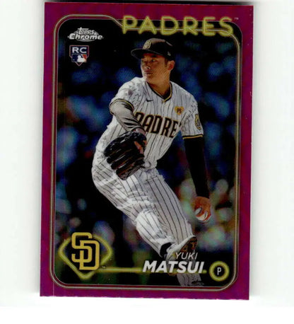 Pink-bordered baseball card of Yuki Matsui, San Diego Padres pitcher in pinstripe uniform