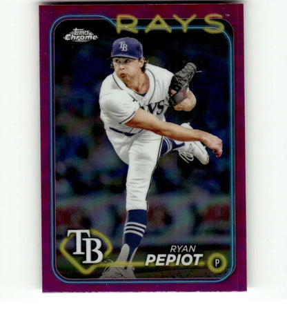 Baseball card of Ryan Pepiot in white uniform, Topps Chrome Refractor Pink style