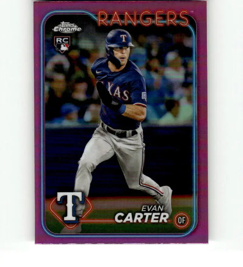 Evan Carter Texas Rangers Baseball Card in navy uniform running on the field