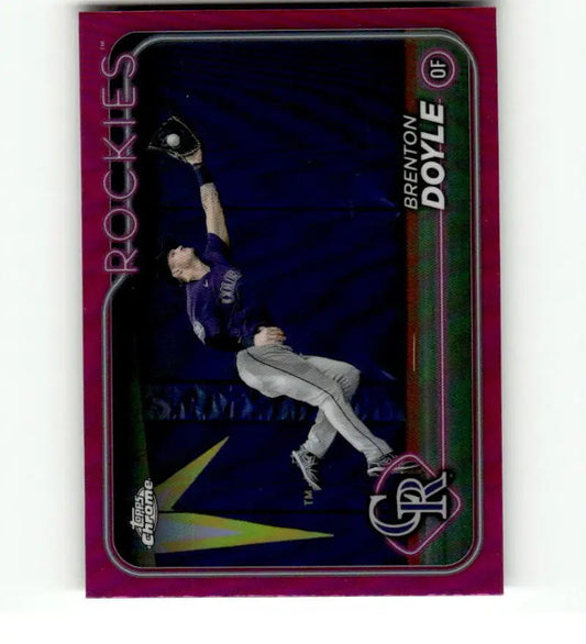 Brenton Doyle making a leaping catch on 2024 Topps Chrome Refractor Pink baseball card