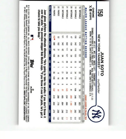 Baseball statistics card showcasing Juan Soto’s performance on a Topps Chrome card