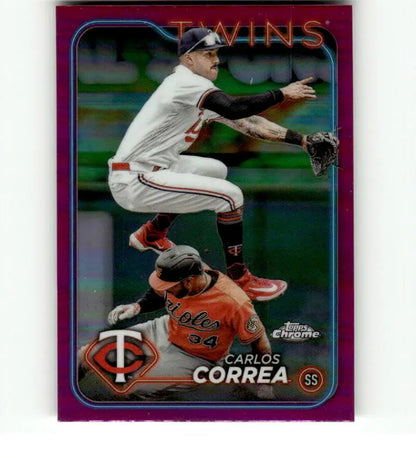 Carlos Correa Minnesota Twins baseball card with player leaping over baserunner in chrome