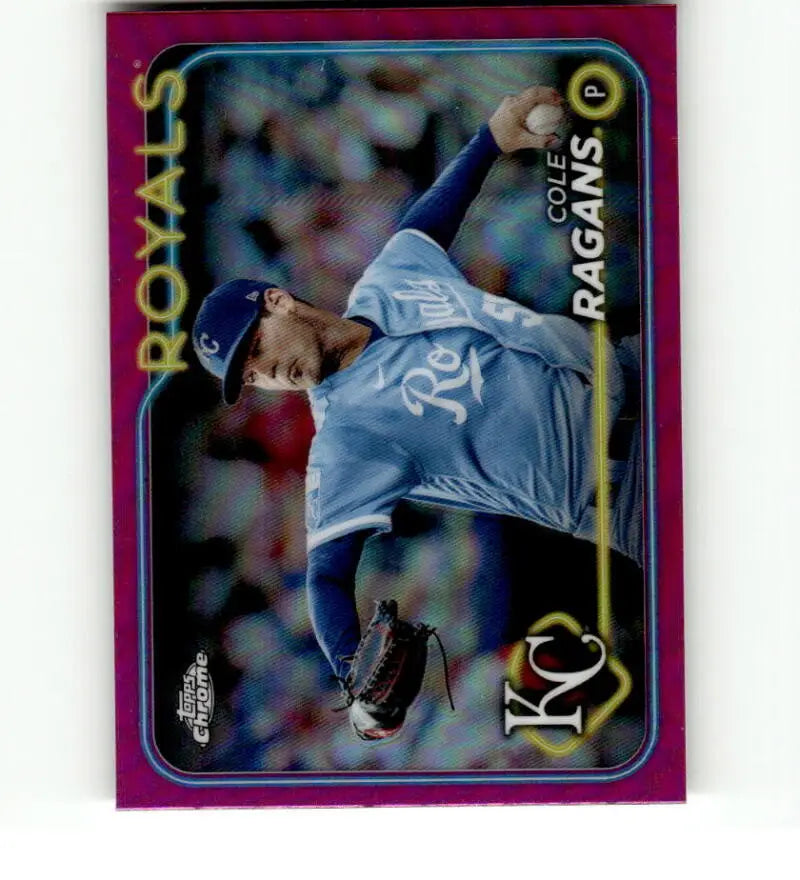 Pink-bordered Kansas City Royals baseball card featuring pitcher Cole Ragans mid-throw