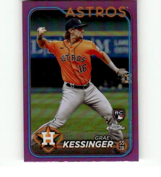 Grae Kessinger throwing a pitch in orange jersey on Topps Chrome Refractor card