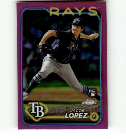 Jacob Lopez pitching on a Tampa Bay Rays baseball card with a purple border