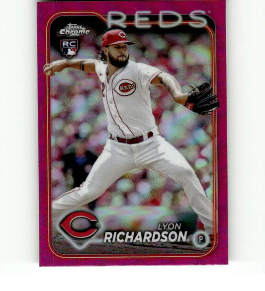 Pink-bordered baseball card of Lyon Richardson, Cincinnati Reds pitcher in mid-throw