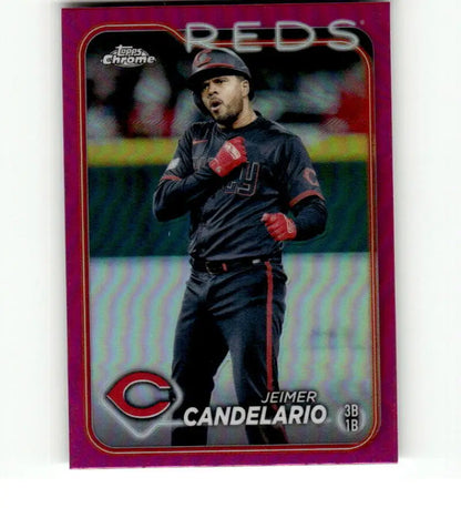 Pink-bordered Topps Chrome Refractor baseball card of Jeimer Candelario, Cincinnati Reds