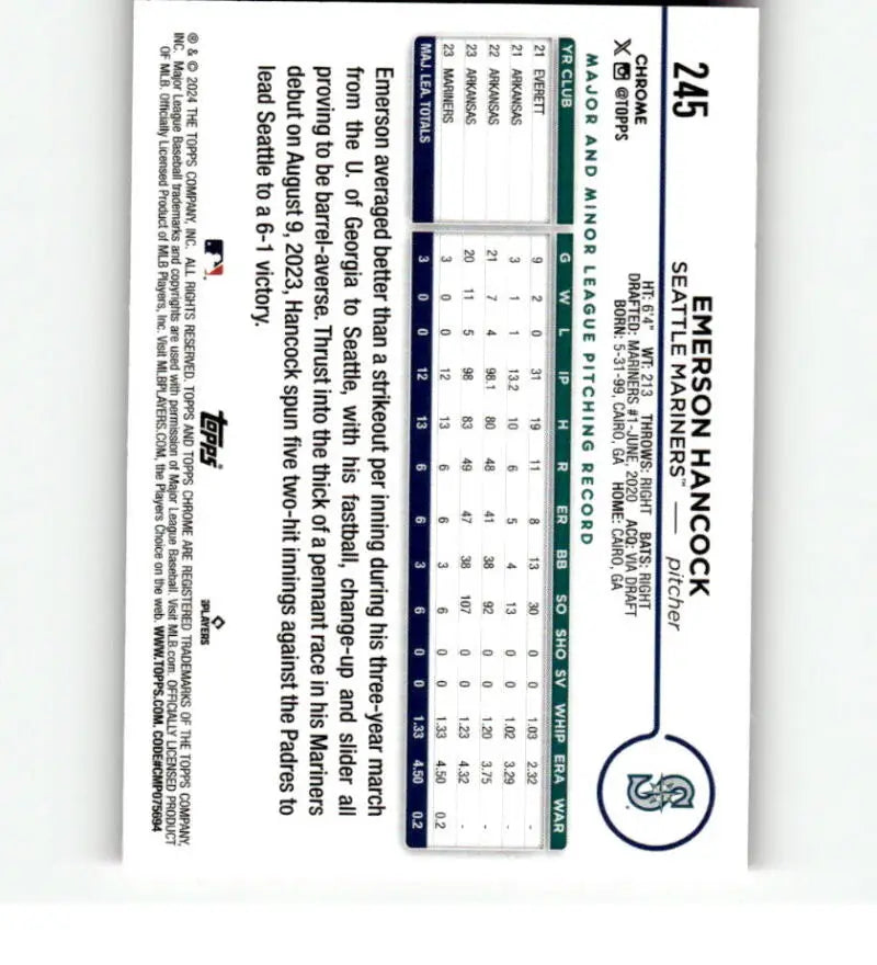 Baseball scorecard featuring stats for Emerson Hancock, Seattle Mariners, Topps Chrome