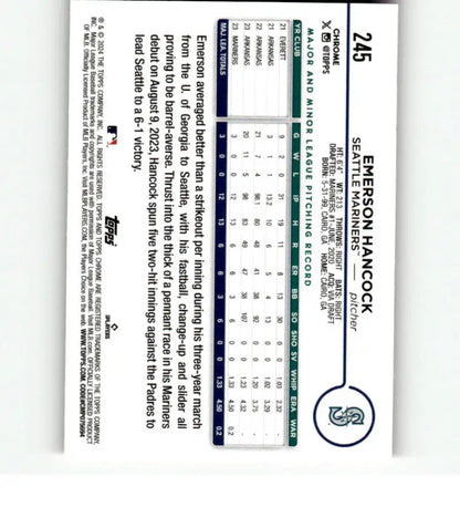 Baseball scorecard featuring stats for Emerson Hancock, Seattle Mariners, Topps Chrome