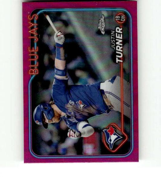 Pink-bordered Topps Chrome Refractor baseball card of Justin Turner making a catch