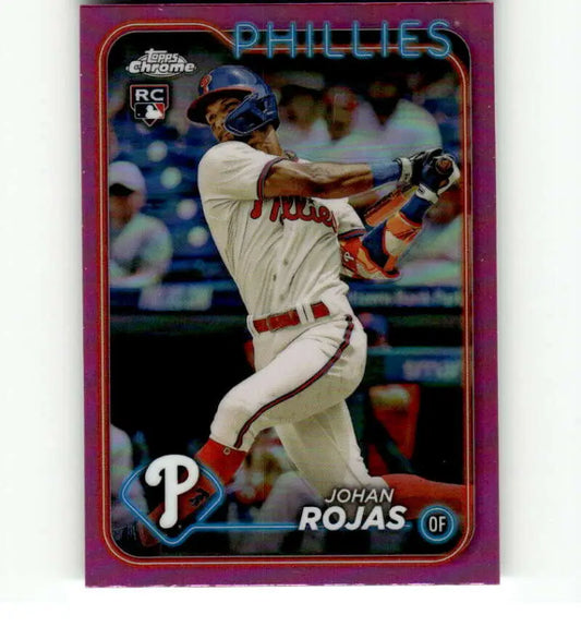 Baseball card of Johan Rojas in batting stance from 2024 Topps Chrome Refractor collection