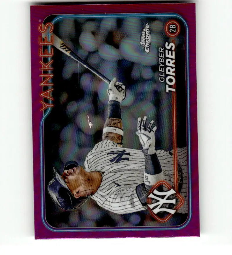 Purple-bordered Topps Chrome Refractor baseball card of Gleyber Torres swinging bat