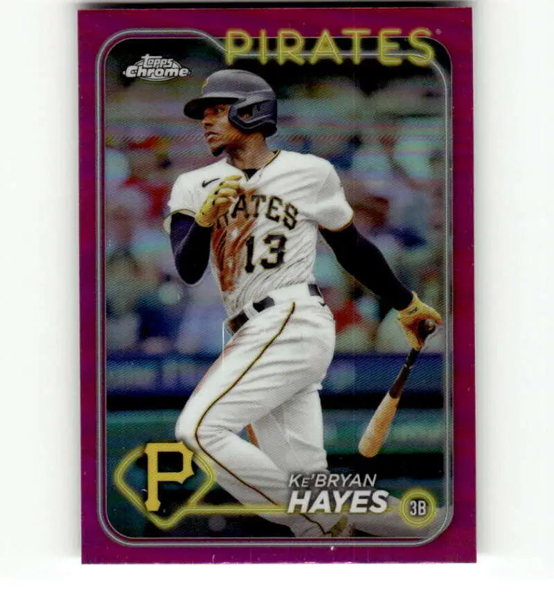 Purple-bordered Pittsburgh Pirates baseball card of Ke’Bryan Hayes in home uniform