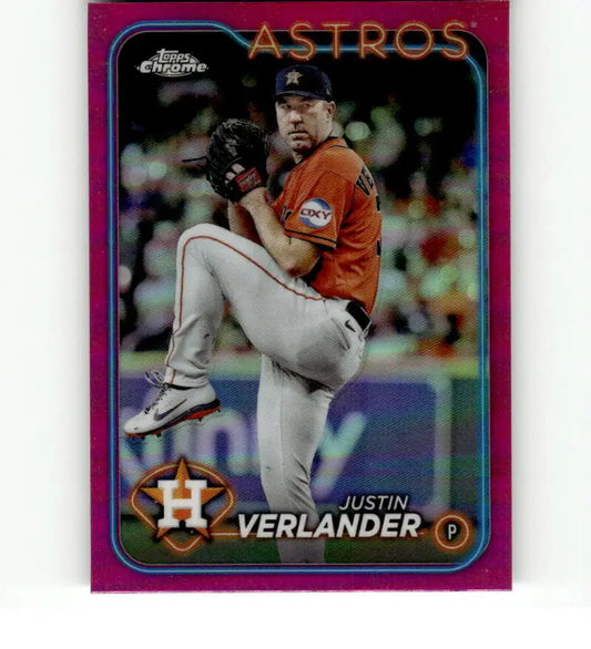 Pink-bordered Topps Chrome Refractor baseball card of Justin Verlander in mid-throw