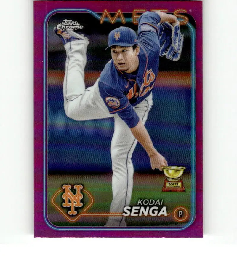 Purple-bordered Topps Chrome baseball card of New York Mets pitcher Kodai Senga