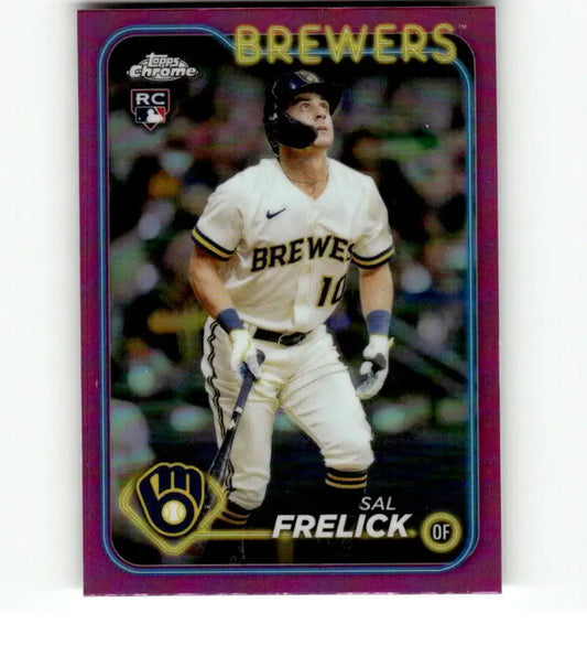 Purple-bordered Milwaukee Brewers Baseball Card of Sal Frelick, Refractor Pink Edition