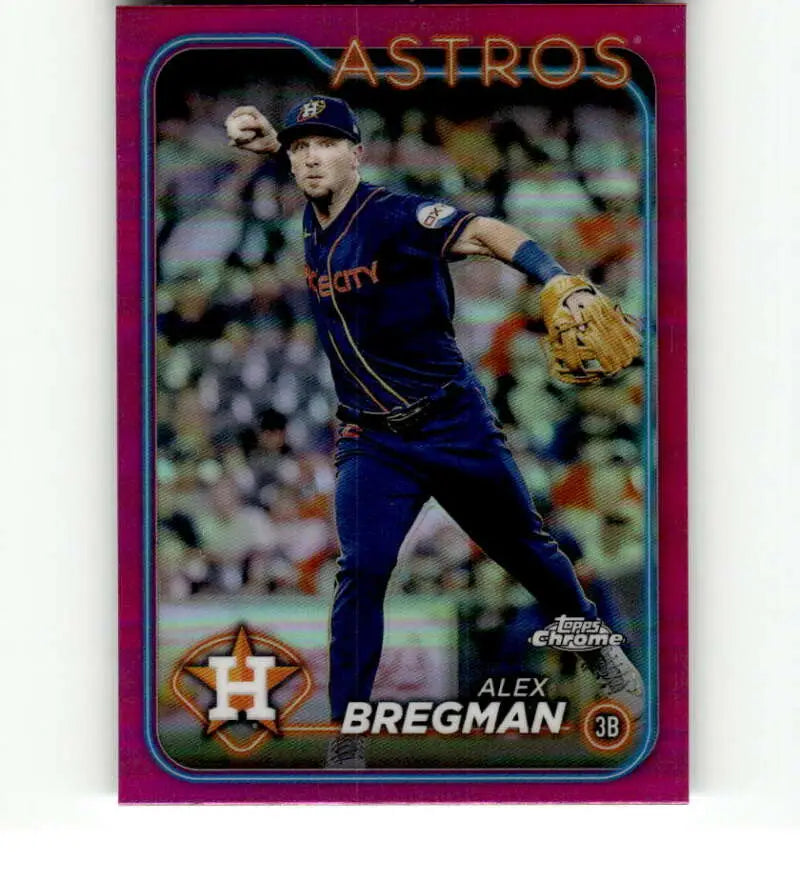 Pink-bordered baseball card of Alex Bregman in Houston Astros uniform throwing baseball