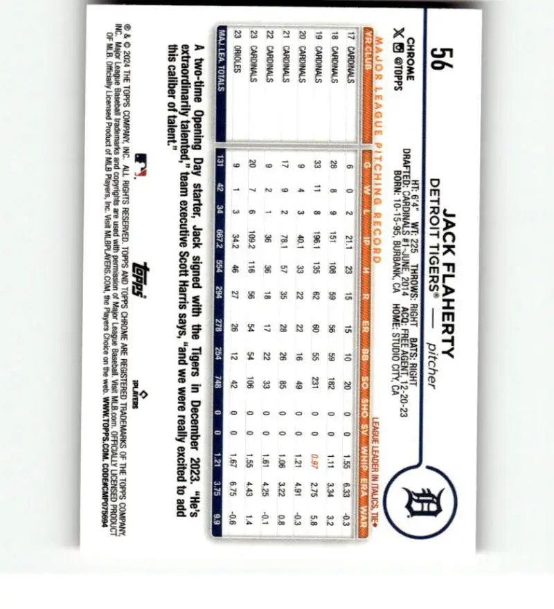 Baseball scorecard with stats for Jack Flaherty and 2024 Topps Chrome Refractor Pink
