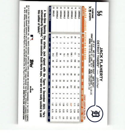 Baseball scorecard with stats for Jack Flaherty and 2024 Topps Chrome Refractor Pink
