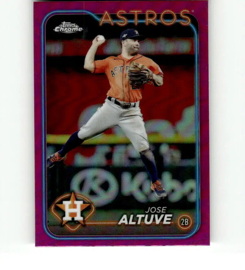 Baseball card of Jose Altuve in an orange Houston Astros jersey throwing a ball