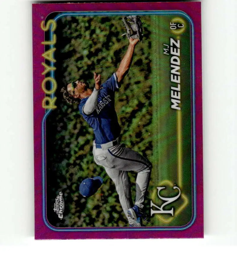 Pink-bordered baseball card of a Kansas City Royals player leaping for a catch