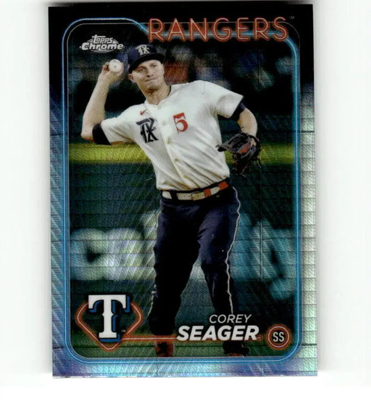 Corey Seager throwing a ball on Texas Rangers Refractor Prism Baseball Card