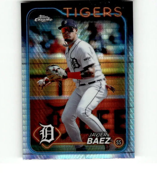 Baseball card of Javier Baez in a white uniform, 2024 Topps Chrome Refractor Prism