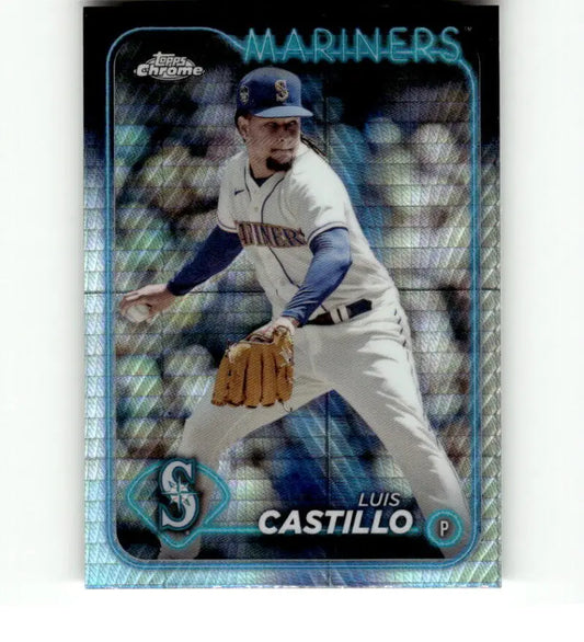 Chrome refractor prism baseball card of Luis Castillo, Seattle Mariners pitcher in uniform